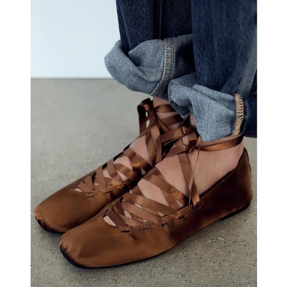 Zara NWT Ochre Brown Lace Up Satin Ballet Flats 7.5 - Picture 8 of 16